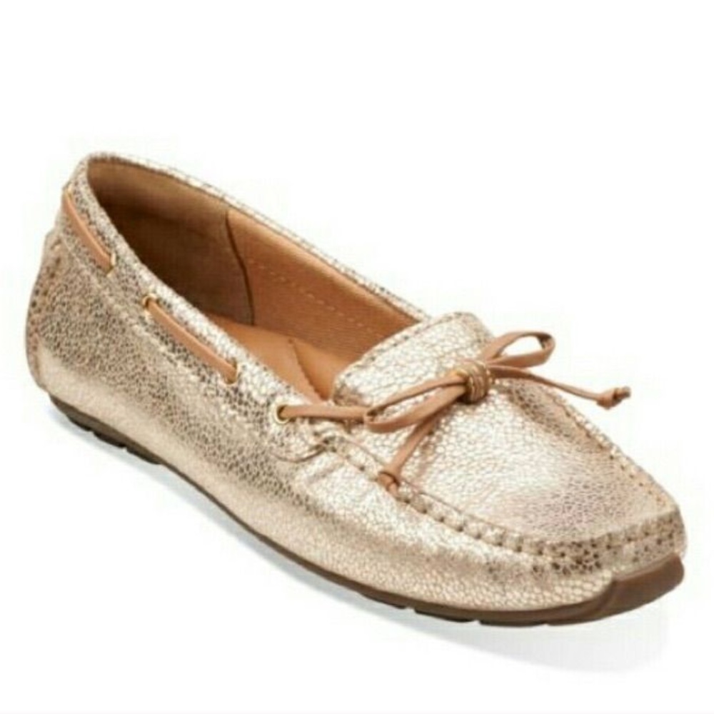 Clarks Leather gold specked bow slip on loafers size 10